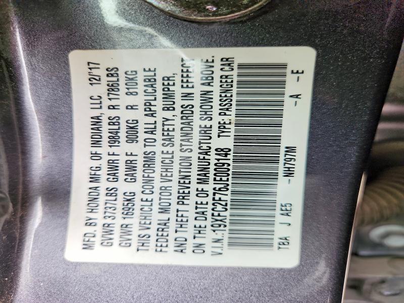 2018 Honda Civic მანქანა იყიდება აუქციონზე, vin: 19XFC2F76JE009148, აუქციონის ნომერი: 57903676