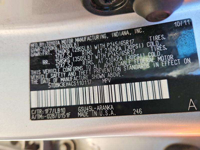 57087376 :رقم المزاد ، 5TDBK3EH4CS110117 vin ، 2012 Toyota Highlander مزاد بيع