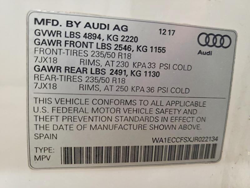 Продажа на аукционе авто 2018 Audi Q3, vin: WA1ECCFSXJR022134, номер лота: 56784306
