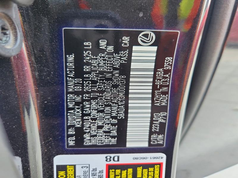 Aukcja sprzedaży 2021 Lexus Es, vin: 58ADA1C13MU001378, numer aukcji: 58127276