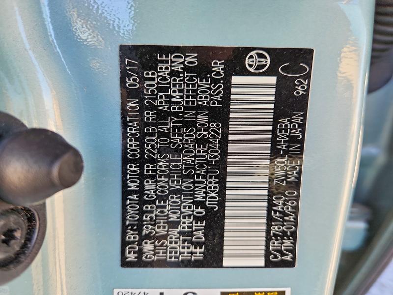 55904206 :رقم المزاد ، JTDKBRFU1H3044228 vin ، 2017 Toyota Prius مزاد بيع