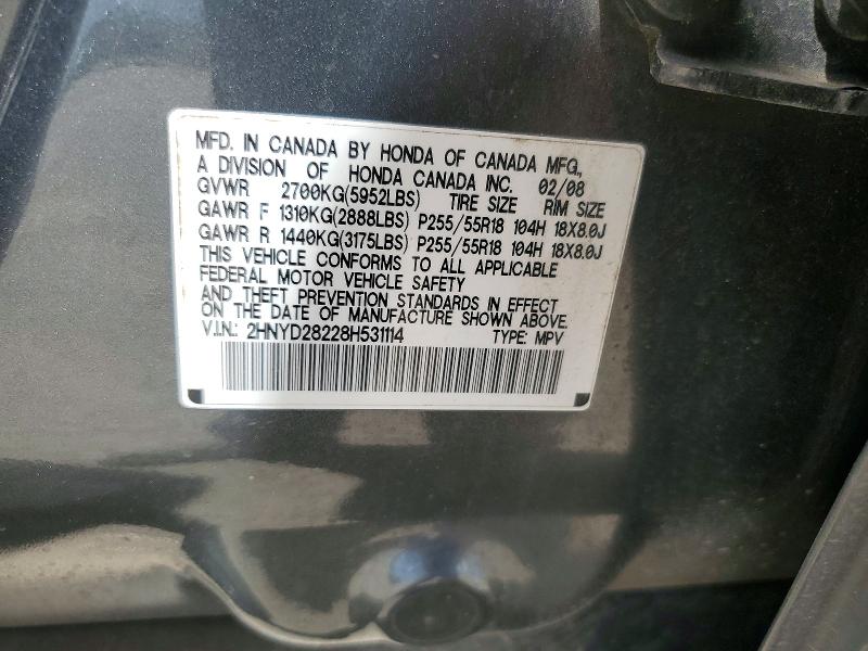 57417576 :رقم المزاد ، 2HNYD28228H531114 vin ، 2008 Acura Mdx مزاد بيع