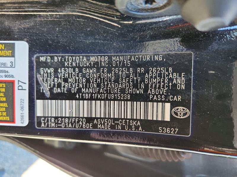 2015 Toyota Camry მანქანა იყიდება აუქციონზე, vin: 4T1BF1FK0FU915238, აუქციონის ნომერი: 55474166