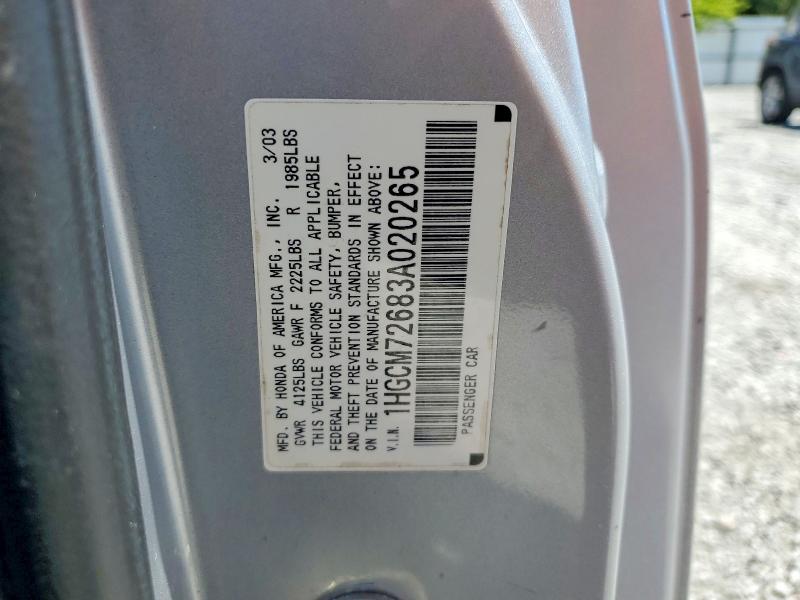 58198876 :رقم المزاد ، 1HGCM72683A020265 vin ، 2003 Honda Accord مزاد بيع