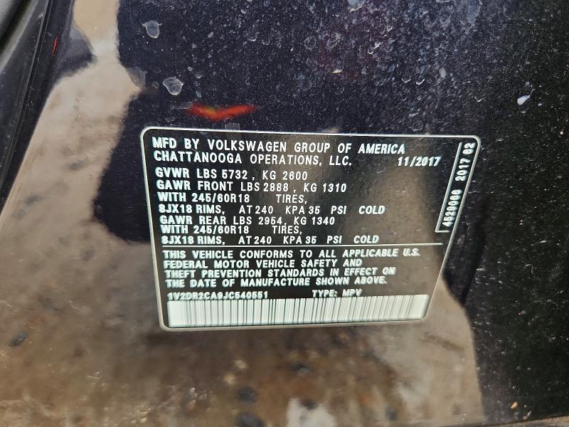 2018 Volkswagen Atlas მანქანა იყიდება აუქციონზე, vin: 1V2DR2CA9JC540551, აუქციონის ნომერი: 56291876