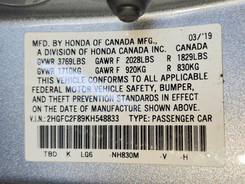 Продаж на аукціоні авто 2019 Honda Civic, vin: 2HGFC2F89KH548833, номер лоту: 57206616