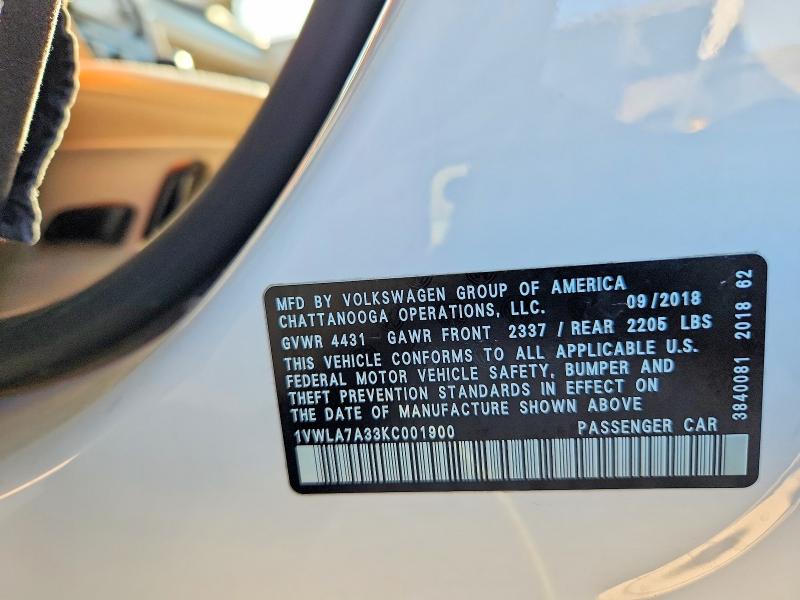 2019 Volkswagen Passat მანქანა იყიდება აუქციონზე, vin: 1VWLA7A33KC001900, აუქციონის ნომერი: 56943136