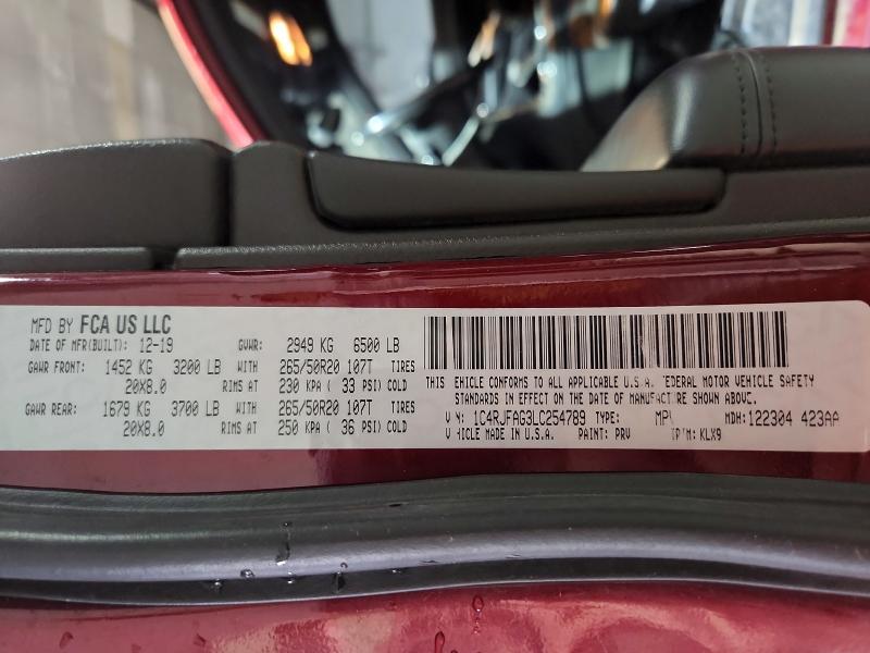 2020 Jeep Grand Cherokee მანქანა იყიდება აუქციონზე, vin: 1C4RJFAG3LC254789, აუქციონის ნომერი: 58287906