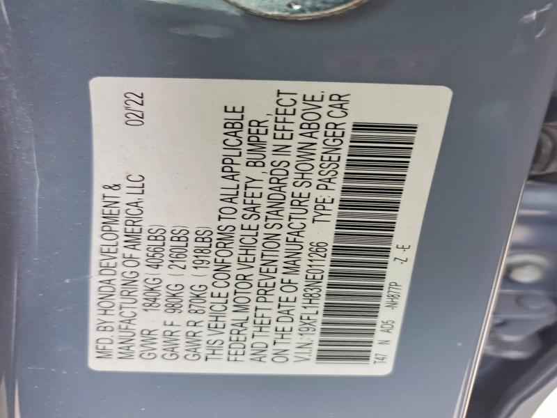 Продажа на аукционе авто 2022 Honda Civic, vin: 19XFL1H83NE011266, номер лота: 85993125