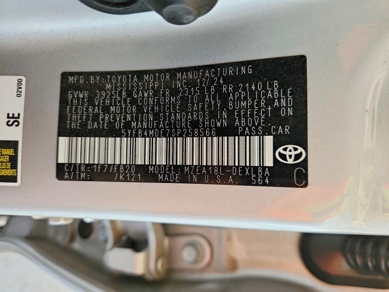 2025 Toyota Corolla მანქანა იყიდება აუქციონზე, vin: 5YFB4MDE7SP258566, აუქციონის ნომერი: 59352236