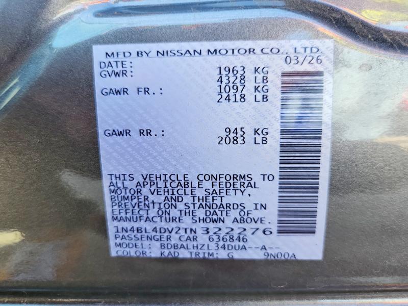Продаж на аукціоні авто 2026 Nissan Altima, vin: 1N4BL4DV2TN322276, номер лоту: 55936116
