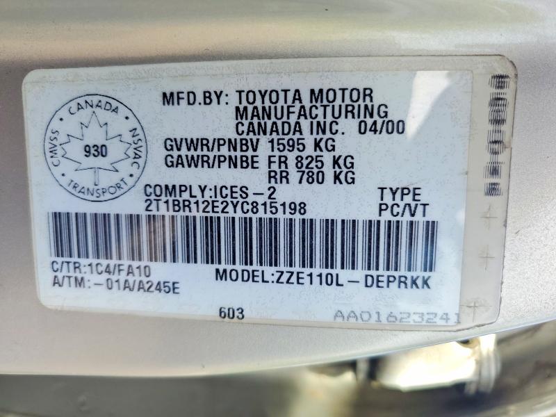 Aukcja sprzedaży 2000 Toyota Corolla, vin: 2T1BR12E2YC815198, numer aukcji: 57724246