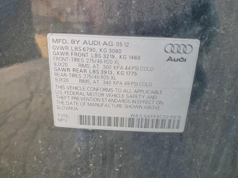 58788586 :رقم المزاد ، WA1LGAFE0CD010018 vin ، 2012 Audi Q7 مزاد بيع