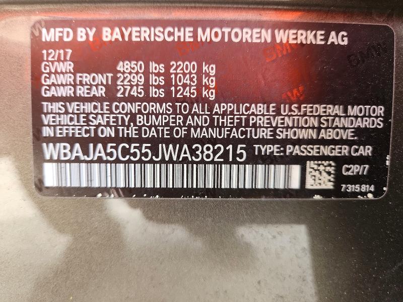 2018 Bmw 530 მანქანა იყიდება აუქციონზე, vin: WBAJA5C55JWA38215, აუქციონის ნომერი: 56785456