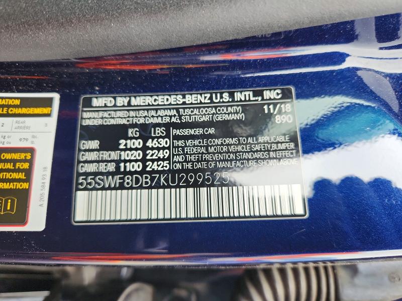 58106576 :رقم المزاد ، 55SWF8DB7KU299525 vin ، 2019 Mercedes-benz C مزاد بيع