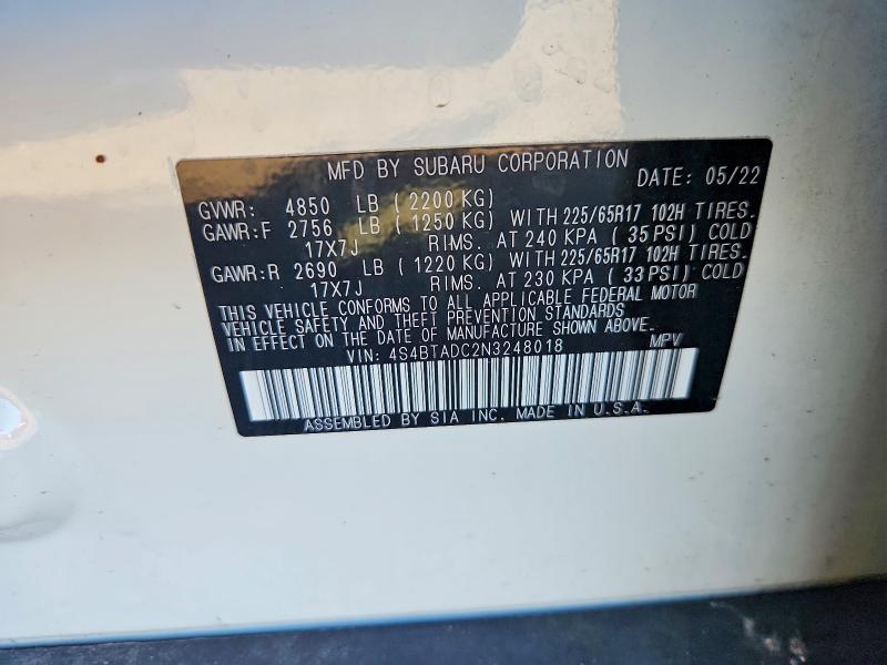 2022 Subaru Outback მანქანა იყიდება აუქციონზე, vin: 4S4BTADC2N3248018, აუქციონის ნომერი: 58720706