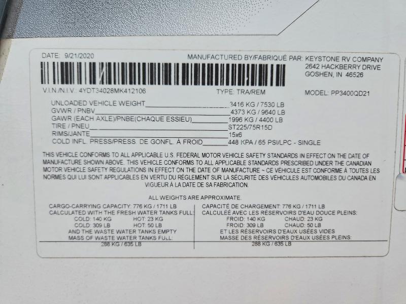 Aukcja sprzedaży 2021 Keystone Passport, vin: 4YDT34028MK412106, numer aukcji: 57355106