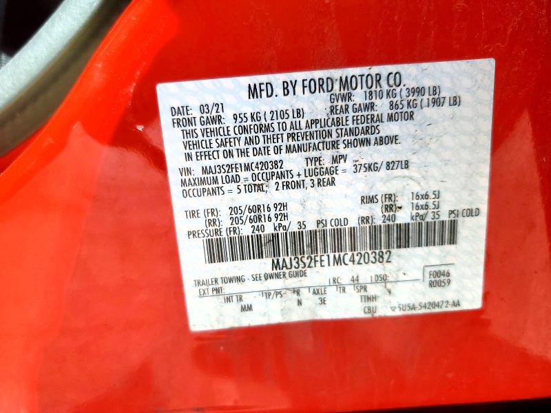 2021 Ford Ecosport მანქანა იყიდება აუქციონზე, vin: MAJ3S2FE1MC420382, აუქციონის ნომერი: 57908556