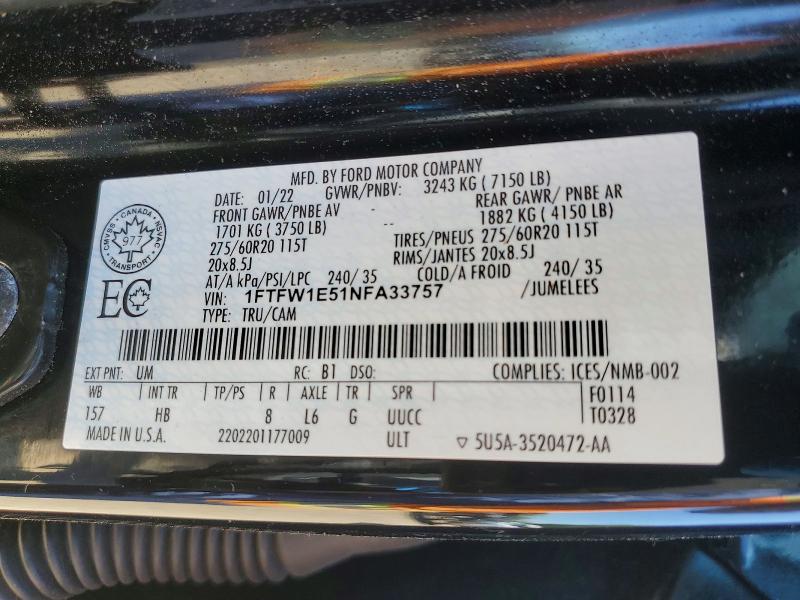 2022 Ford F150 მანქანა იყიდება აუქციონზე, vin: 1FTFW1E51NFA33757, აუქციონის ნომერი: 52932746