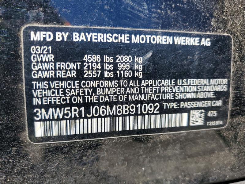56161506 :رقم المزاد ، 3MW5R1J06M8B91092 vin ، 2021 Bmw 330i مزاد بيع