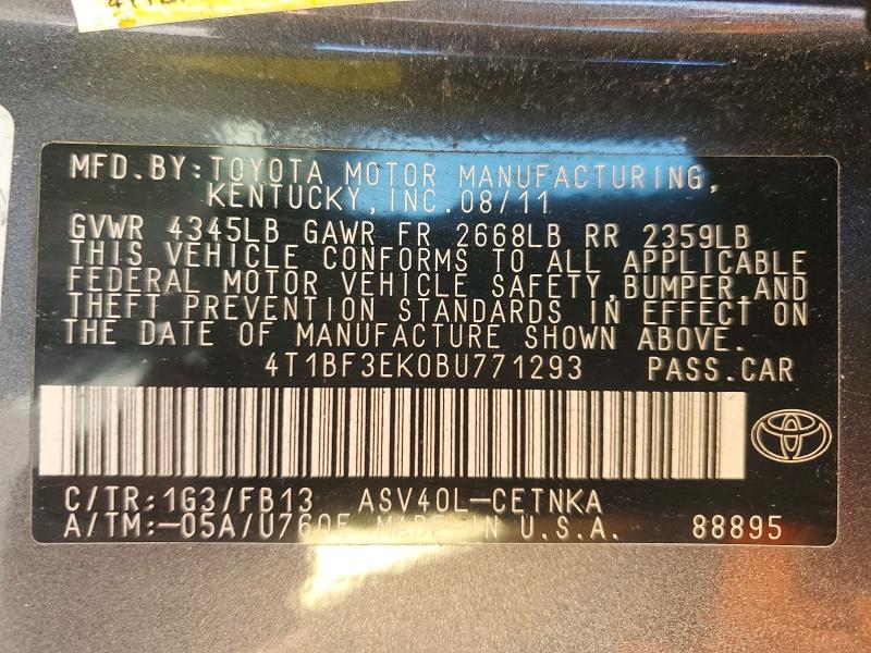 2011 Toyota Camry მანქანა იყიდება აუქციონზე, vin: 4T1BF3EK0BU771293, აუქციონის ნომერი: 56322846