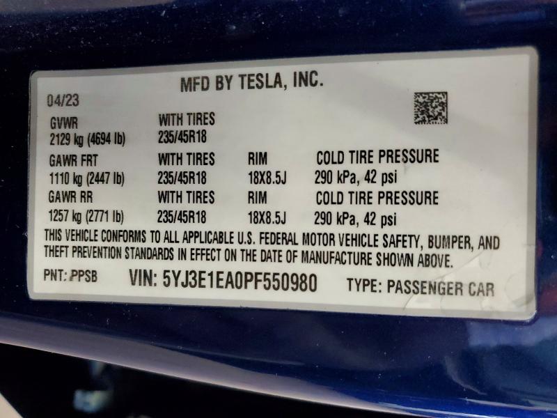 Aukcja sprzedaży 2023 Tesla Model 3, vin: 5YJ3E1EA0PF550980, numer aukcji: 58547736