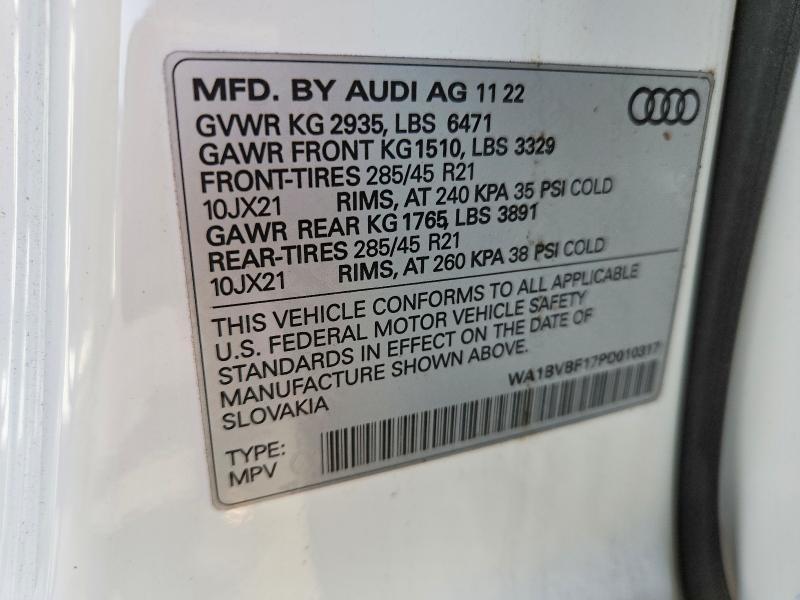 Aukcja sprzedaży 2023 Audi Q8, vin: WA1BVBF17PD010317, numer aukcji: 57002366