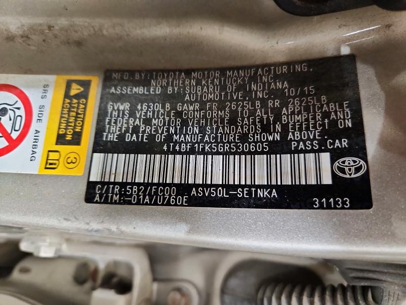 2016 Toyota Camry მანქანა იყიდება აუქციონზე, vin: 4T4BF1FK5GR530605, აუქციონის ნომერი: 56862936