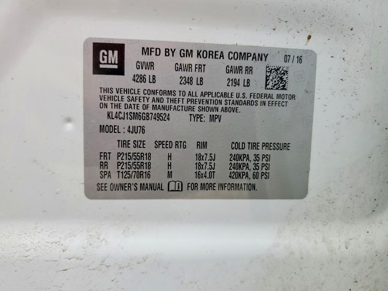 Продажа на аукционе авто 2016 Buick Encore, vin: KL4CJ1SM6GB749524, номер лота: 57924296
