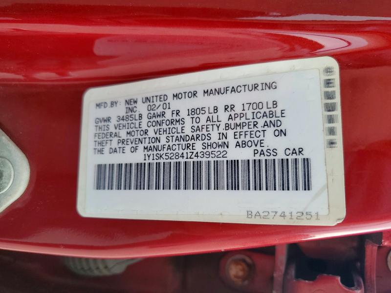 57077696 :رقم المزاد ، 1Y1SK52841Z439522 vin ، 2001 Chevrolet Geo Prizm مزاد بيع