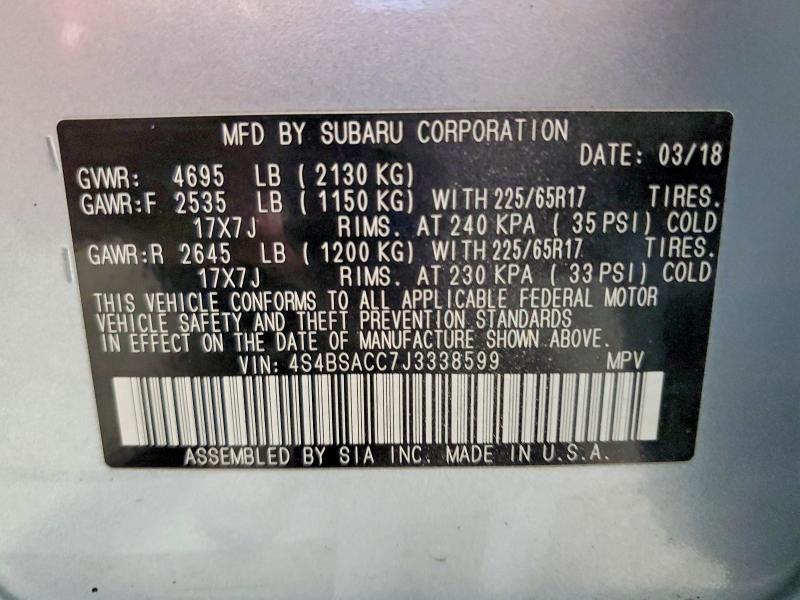 Aukcja sprzedaży 2018 Subaru Outback, vin: 4S4BSACC7J3338599, numer aukcji: 57541826
