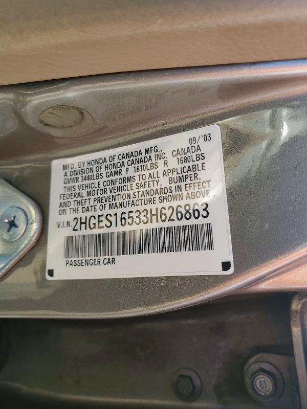 Aukcja sprzedaży 2003 Honda Civic, vin: 2HGES16533H626863, numer aukcji: 57643766