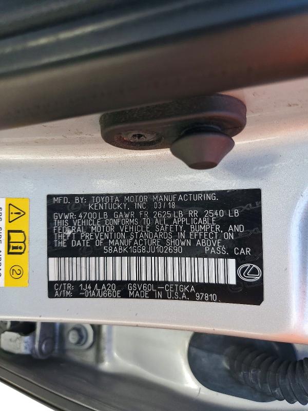 Aukcja sprzedaży 2018 Lexus Es, vin: 58ABK1GG8JU102690, numer aukcji: 58061816