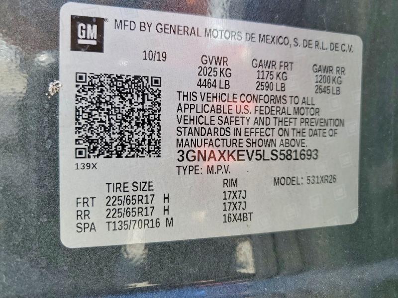 2020 Chevrolet Equinox მანქანა იყიდება აუქციონზე, vin: 3GNAXKEV5LS581693, აუქციონის ნომერი: 58509876