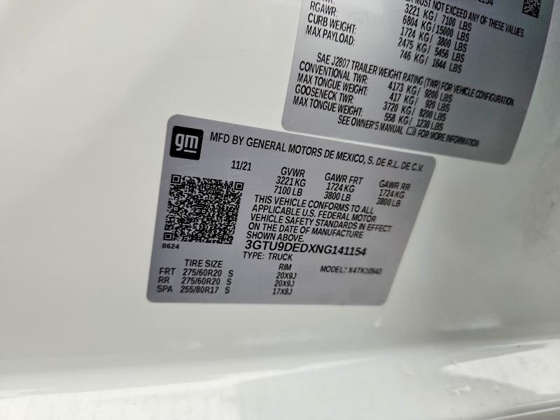 Продаж на аукціоні авто 2022 Gmc Sierra Limited, vin: 3GTU9DEDXNG141154, номер лоту: 58622136