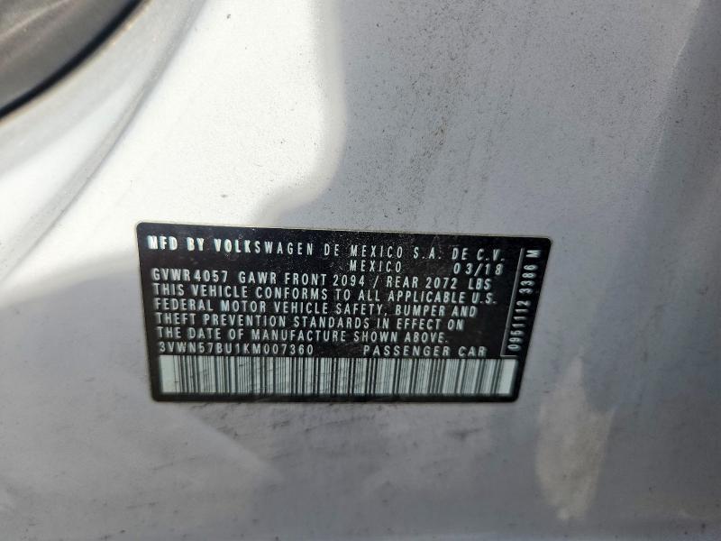 2019 Volkswagen Jetta მანქანა იყიდება აუქციონზე, vin: 3VWN57BU1KM007360, აუქციონის ნომერი: 57999006