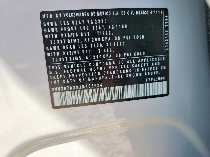 58836646 :رقم المزاد ، 3VV3B7AX8JM193624 vin ، 2018 Volkswagen Tiguan مزاد بيع