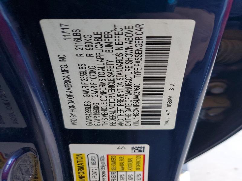 Aukcja sprzedaży 2018 Honda Accord, vin: 1HGCV1F54JA037640, numer aukcji: 58445336