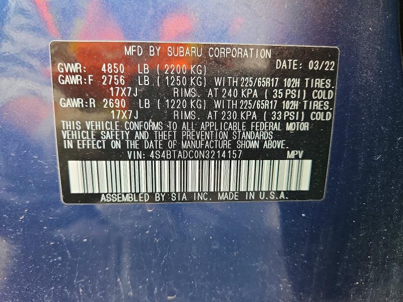 Продажа на аукционе авто 2022 Subaru Outback, vin: 4S4BTADC0N3214157, номер лота: 57062166