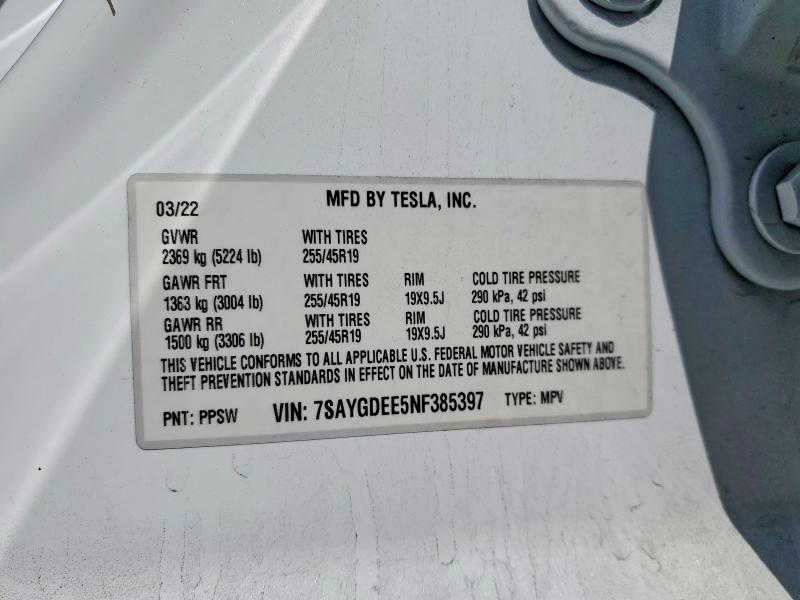 2022 Tesla Model Y მანქანა იყიდება აუქციონზე, vin: 7SAYGDEE5NF385397, აუქციონის ნომერი: 55215806