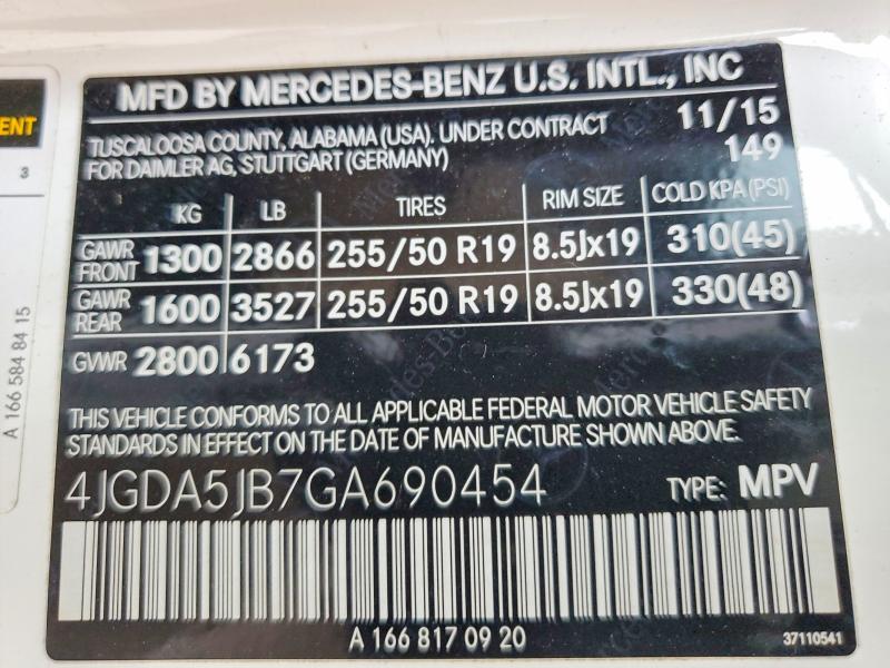 2016 Mercedes-benz Gle მანქანა იყიდება აუქციონზე, vin: 4JGDA5JB7GA690454, აუქციონის ნომერი: 52332076