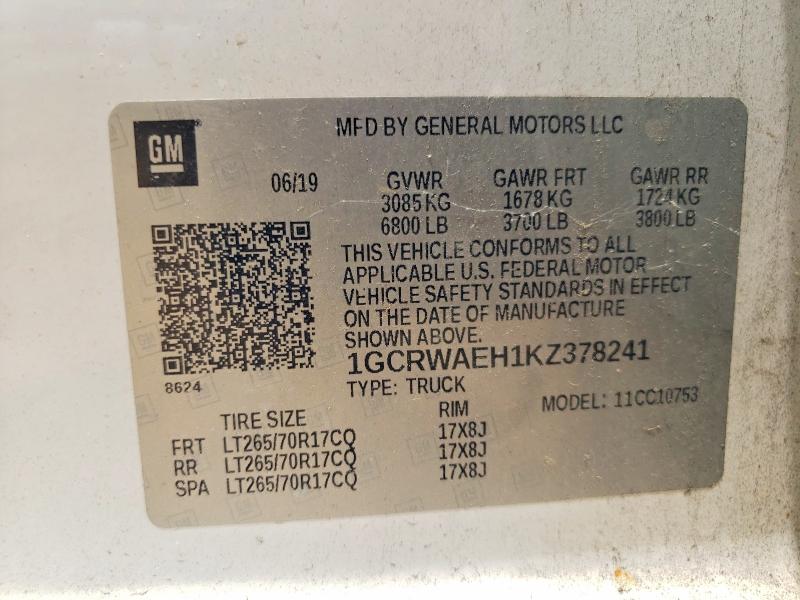 2019 Chevrolet Silverado მანქანა იყიდება აუქციონზე, vin: 1GCRWAEH1KZ378241, აუქციონის ნომერი: 59020786