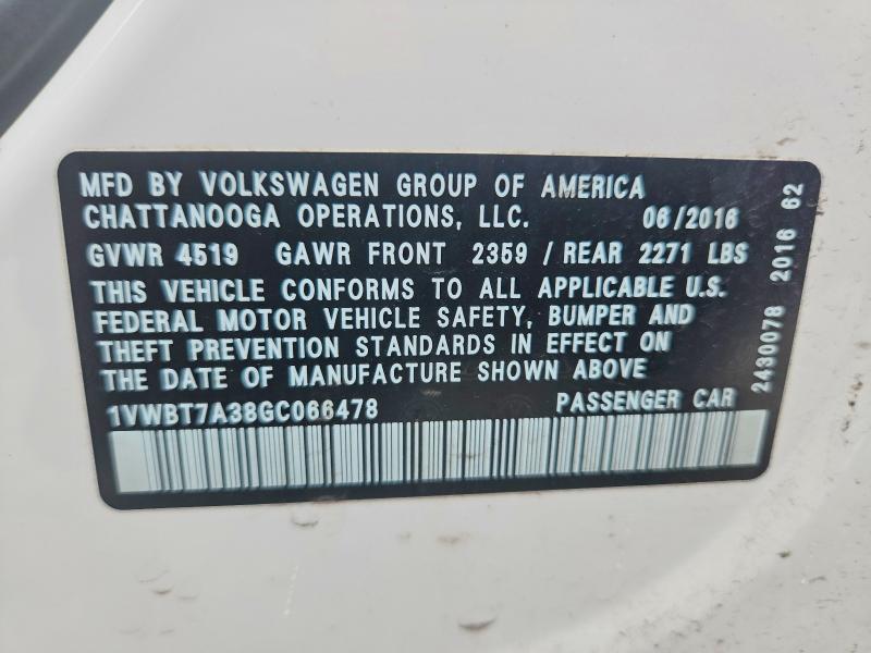 58645636 :رقم المزاد ، 1VWBT7A38GC066478 vin ، 2016 Volkswagen Passat مزاد بيع