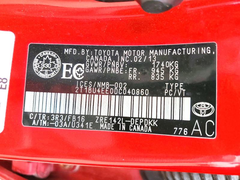 Продажа на аукционе авто 2013 Toyota Corolla, vin: 2T1BU4EE0DC040860, номер лота: 58369486