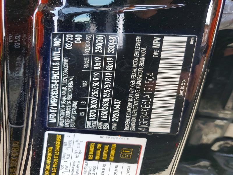 56756656 :رقم المزاد ، 4JGFB4KE6LA191504 vin ، 2020 Mercedes-benz Gle مزاد بيع