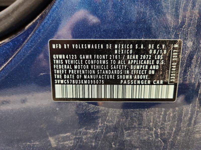 2019 Volkswagen Jetta მანქანა იყიდება აუქციონზე, vin: 3VWC57BU3KM095075, აუქციონის ნომერი: 56416946
