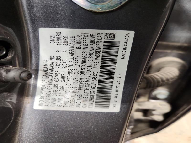 2021 Honda Civic მანქანა იყიდება აუქციონზე, vin: 2HGFC2F60MH555820, აუქციონის ნომერი: 57844006