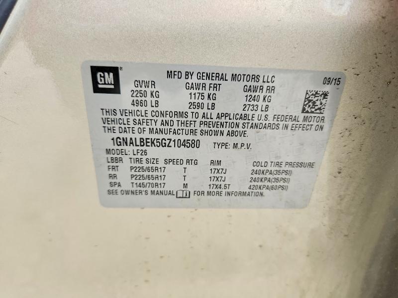 58289436 :رقم المزاد ، 1GNALBEK5GZ104580 vin ، 2016 Chevrolet Equinox مزاد بيع