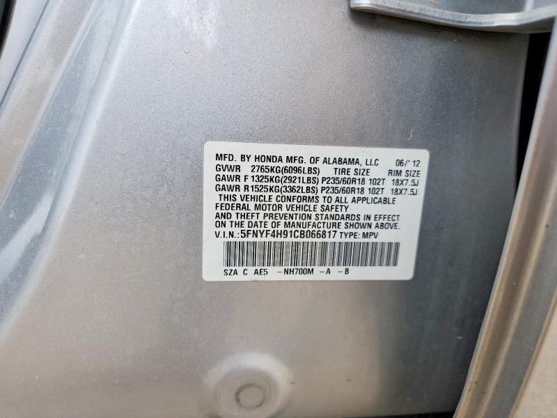 Auction sale of the 2012 Honda Pilot, vin: 5FNYF4H91CB066817, lot number: 55072376