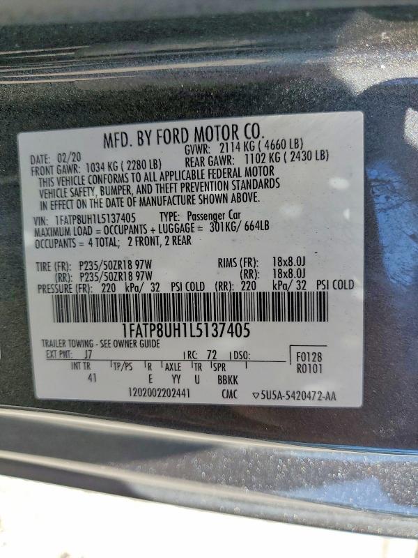 Продаж на аукціоні авто 2020 Ford Mustang, vin: 1FATP8UH1L5137405, номер лоту: 55630256